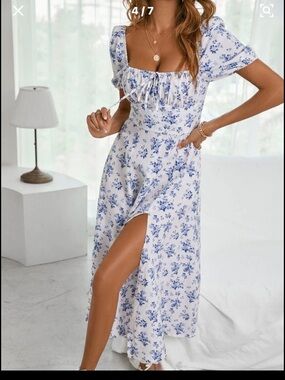 SHEIN White and Blue Floral Square-Neck Maxi Dress